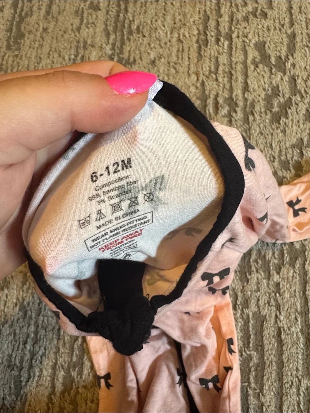 Pink Bow-Print Kids One-Piece Pajama with Black Trim 9-12 month bamboo
